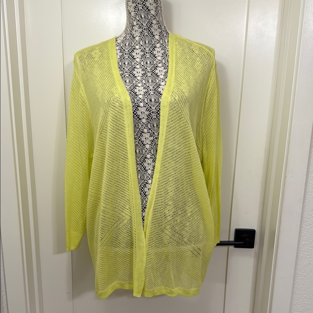 Worthington Yellow Open-Front Lightweight Mesh Cardigan